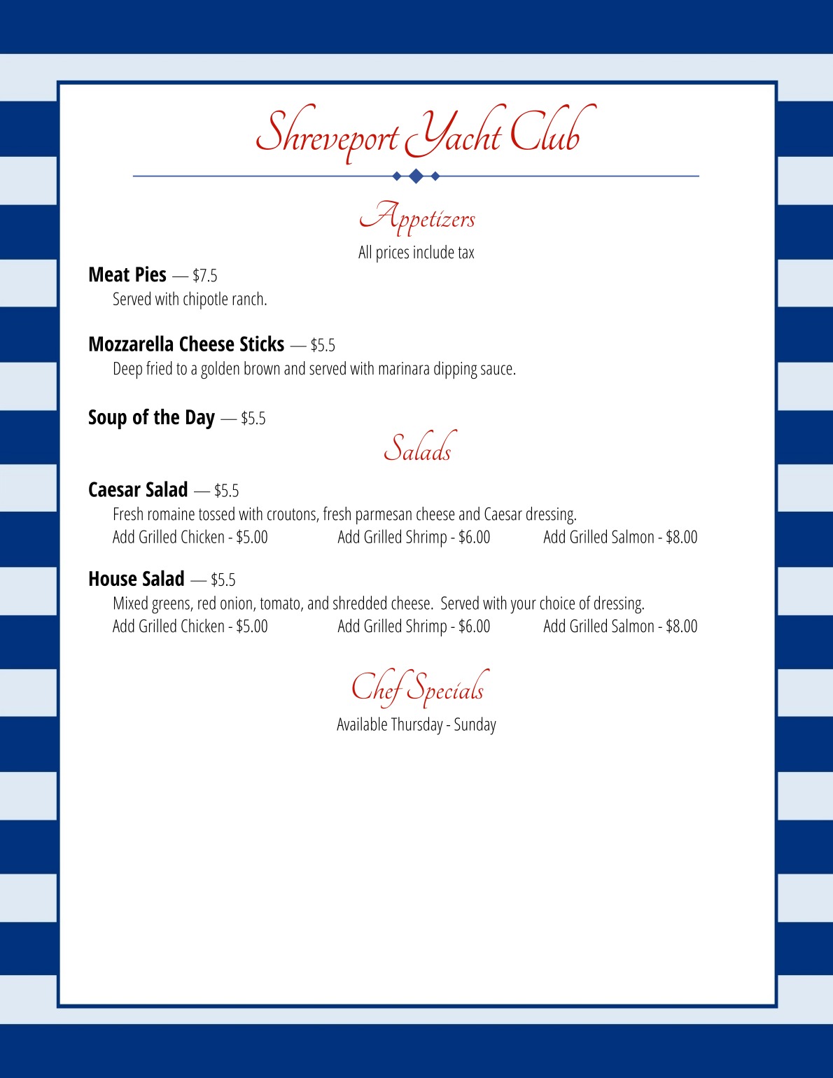 gladstone yacht club lunch menu