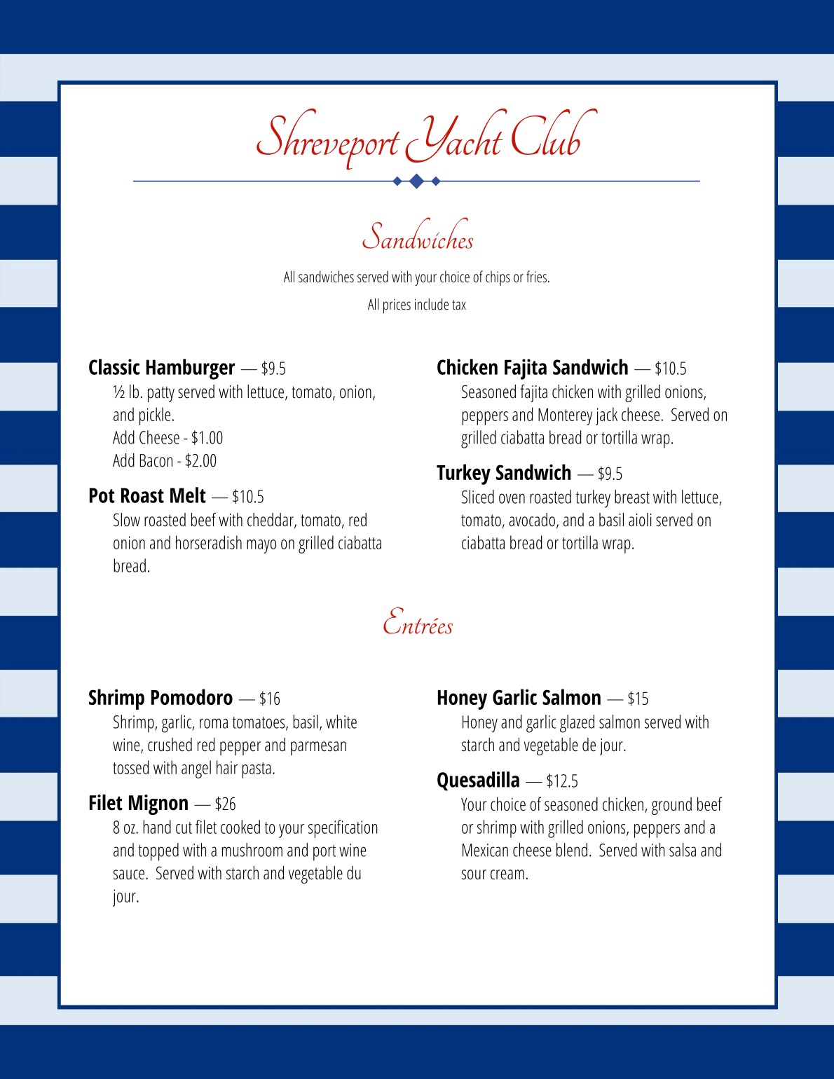 royal southern yacht club menu